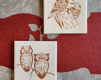 Vintage Mosaic brand trivet set. Birds, owls.