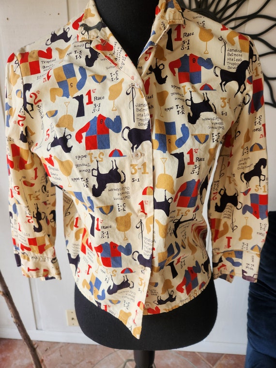 Vintage novelty horseracing print blouse