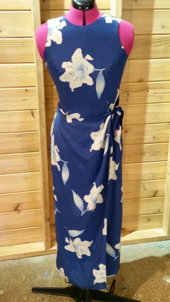 Vintage 90s silk blue floral column sheath dress