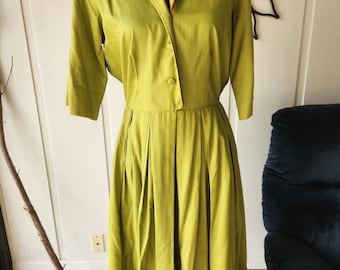 Vintage Leaf Green Shirt Dress, Contrast Pleating - Size Medium