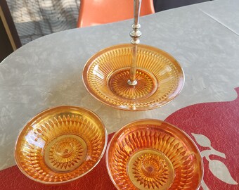Vintage candy serving dish and candleholders set. Peach glass with pink luster