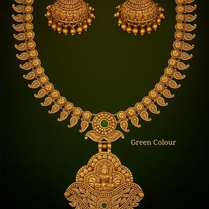 Traditional South Indian Temple Jewelry Necklace Set with Jhumkas – Antique Gold Finish