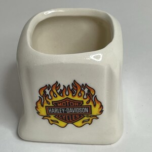 Vintage Mini Toothpick Holder Ceramic Harley Davidson Handmade Flames Handmade