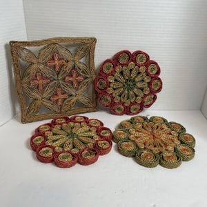 4 salvamanteles tejidos de ratán, mimbre y paja, coloridos, estilo boho, decoración de pared / posavasos vintage