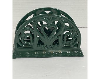 Vintage Green Ornate Heavy Metal Wrought Iron Napkin Holder/Letter Holder Hearts