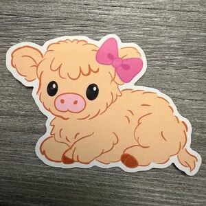 Cute Coquette Baby Cow Sticker with Pink Bow Kawaii Highland Calf Vinyl Decal for Laptop, Journal, or Water Bottle