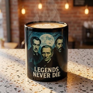 May include: A black ceramic mug filled with steaming coffee featuring a graphic print of three men in a dark, moonlit setting with bats and the text "LEGENDS NEVER DIE" in white capital letters at the bottom of the mug's exterior surface.