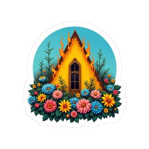 Midsommar Sticker: Gelbes Dreieck brennendes Gebäude + Blumen | A24 Horror Vinyl Aufkleber | Folk Horror Ästhetik