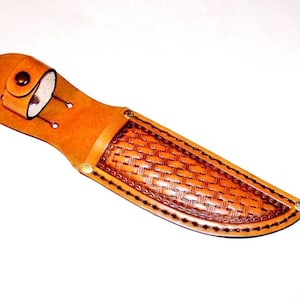 Hand Tooled Leather Knife Sheath: Brown Basket Weave Design, 5&quot; Blade. USA Made.