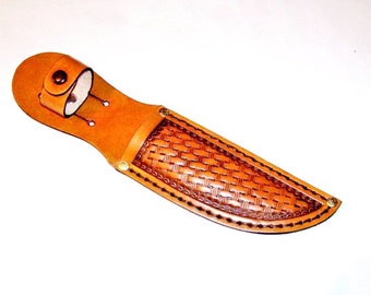 Hand Tooled-5" Blade-Left/Right Handed-Brown Basket Weave Leather Knife Sheath-Birthday Gift. Holiday Gift.-"Made In USA"-New-item BRBW-02