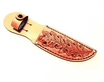 Hand Tooled-5" Blade-Left/Right Handed-Brown Oak Leaf Leather Knife Sheath-Birthday Gift. Holiday Gift.-"Made In USA"-New-item BROL-16