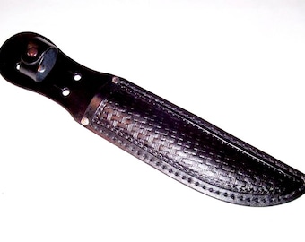 Hand Tooled-"7-1/2" Blade-Large Black Basket Weave Leather Knife Sheath-"Made In USA"-New-item LBBW-02