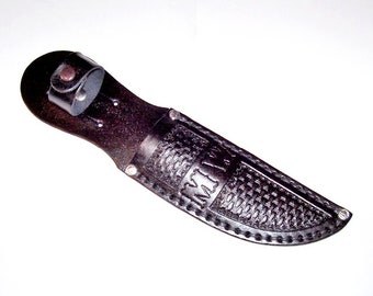 Hand Tooled-"Made-to-Order" Personalized-5" Blade-Left/Right Handed-Black Basket Weave Leather Knife Sheath-"Made In USA"-New-item PBW-06