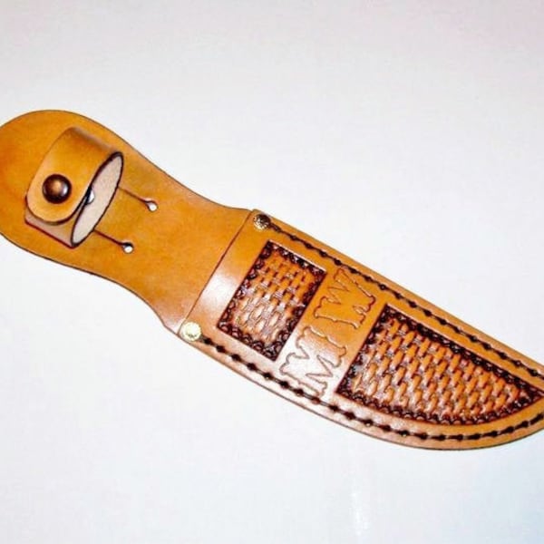 Hand Tooled-"Made-to-Order" Personalized-5" Blade-Left/Right Handed-Brown Basket Weave Leather Knife Sheath-"Made In USA"-New-item PBRBW-06