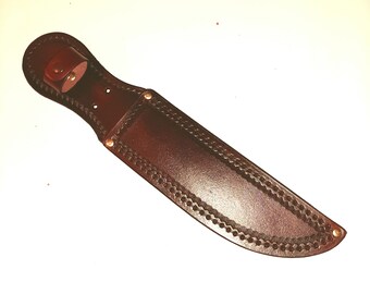 Hand Tooled-"7-1/2" Blade-Large Mahogany Camouflage Leather Knife Sheath -"Made In USA"-New-item LMC-01