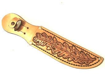 Hand Tooled-"7-1/2" Blade-Large Brown Oak Leaf Leather Knife Sheath-Man Gift.Holiday Gift-"Made in USA"-New-item LBROL-15