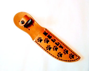 Hand Tooled-"Made-To-Order" Personalized-5" Blade-Left/Right Handed-Brown Paw Print Leather Knife Sheath-"Made In USA"-New-item BRPP-12