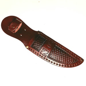 Hand Tooled-Made-to-Order-Personalized-5" Blade-Left/Right Handed-Mahogany Basket Weave Leather Knife Sheath-Made In USA-New-item PMBW-06