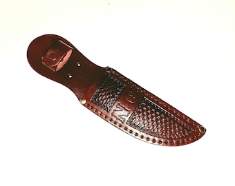 Hand Tooled Leather Knife Sheath: Mahogany Basket Weave, Personalized, 5" Blade. USA Made.