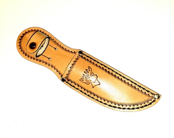 Hand Tooled-5" Blade-Left/Right Handed-Brown Leather Knife Sheath w/Deer Head-Birthday Gift. Holiday Gift.-"Made In USA"-New-item BRDH-05