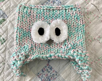 Knit Owl Baby Hat - Handmade, super soft WARM Baby toddler child teen adult sizes Pastel Pink & Aqua GIRL