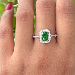Emerald Cut Green Gemstone Ring, Halo CZ Engagement Ring, Sterling Silver Promise Ring, Vintage Style Statement Ring, Bridal Ring  for Her
