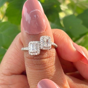 Emerald Cut Double Diamond Ring, Two Stone Engagement Ring, Toi et Moi Ring, 925 Silver Halo Ring, Promise Ring for Her, Anniversary Ring