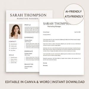 May include: A professional resume template featuring "SARAH THOMPSON" as the "MARKETING MANAGER". The resume includes sections for profile, experience, and skills. The image also includes a cover letter. Text on the image reads "EDITABLE IN CANVA & WORD | INSTANT DOWNLOAD."