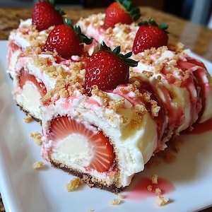 以下が含まれることがあります： 白いお皿にのった、スライスされたイチゴチーズケーキロール。デザートは、濃い茶色の地殻、スライスされたイチゴが入ったクリーミーな白いフィリング、新鮮なイチゴ、イチゴソース、パン粉でトッピングされています。