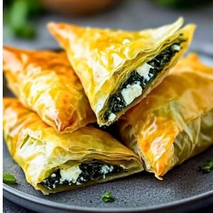 May include: A close-up shot of golden-brown, flaky pastries filled with spinach and white cheese, presented on a grey plate. The triangular pastries have layers of crispy filo pastry. A tasty snack or starter.