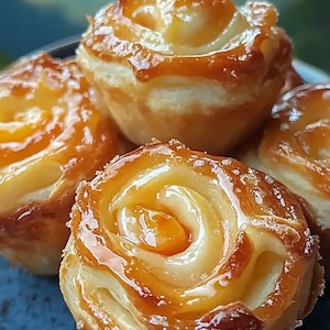 Può includere: Primo piano di diversi pasticcini dorati a forma di rosa con una glassa lucida. I pasticcini sono disposti su un piatto blu, mostrando il loro intricato design a spirale. Lo sfondo è sfocato, suggerendo un ambiente naturale.