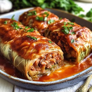 May include: Close-up of stuffed cabbage rolls in a rectangular dish. The rolls are covered in a rich, red sauce and garnished with fresh green herbs. The cabbage leaves are a light green colour, and the filling is a mix of brown and red.
