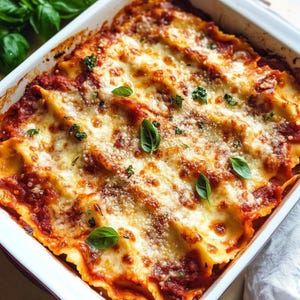 May include: A baked lasagna dish in a white rectangular baking dish. The lasagna is layered with red sauce, cheese, and pasta, and garnished with fresh basil leaves. The cheese is melted and bubbly, with a golden-brown color.