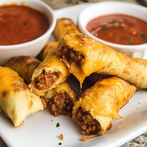 May include: A plate of golden-brown, cheese-covered rolls filled with meat. The rolls are cut open, showing the filling. Two small white bowls of red dipping sauce are in the background.