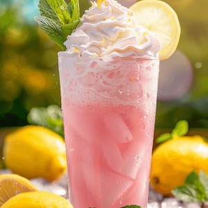 May include: A tall glass of pink lemonade topped with whipped cream, a lemon slice, and mint sprigs. The drink is surrounded by fresh lemons and ice cubes, creating a refreshing summer beverage.