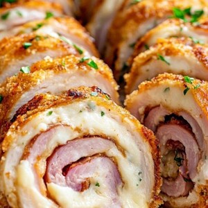 May include: Close-up of sliced chicken cordon bleu rolls. The rolls feature a golden-brown, crispy exterior, with a filling of ham and melted cheese. Garnished with fresh green herbs, the dish is a visually appealing meal.