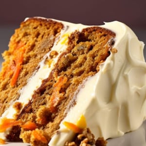 Pode incluir: Uma fatia de bolo de cenoura com cobertura de cream cheese. O bolo tem pedaços visíveis de cenoura e é coberto com uma generosa camada de cobertura branca. Enfeitado com nozes e um pequeno pedaço de casca de laranja.