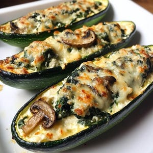 May include: Three courgette halves, filled with a creamy mixture, spinach, and mushrooms, topped with melted cheese. The dish is presented on a white plate, showcasing a home-cooked meal.