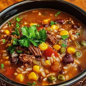 May include: A close-up shot of a hearty soup in a black bowl. The soup is a rich brown color and filled with chunks of beef, corn, beans, rice, and vegetables. Fresh parsley garnishes the top. A delicious and comforting meal.
