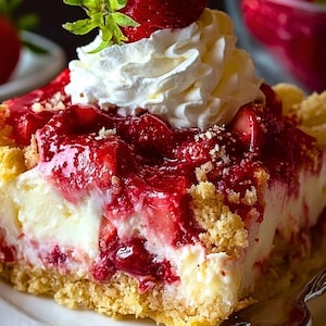 Può includere: Una fetta di cheesecake alle fragole su un piatto bianco. Il dessert presenta una base dorata, un ripieno bianco cremoso e una copertura di fragole glassate e panna montata. Una fragola fresca con foglie verdi è in cima alla panna montata.