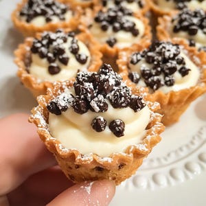 May include: Close-up of mini tarts with a creamy white filling, topped with chocolate chips and icing sugar. The tarts are in a golden-brown, crispy shell. Several tarts are arranged on a white plate.