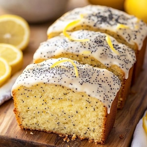 May include: Three lemon and poppy seed loaf cakes with white icing and poppy seeds, garnished with lemon zest, on a wooden board. Sliced lemons and a bowl of lemon slices are in the background.