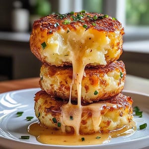 Könnte beinhalten: Ein Stapel aus drei goldbraunen, runden Kartoffelkuchen auf einem weißen Teller. Geschmolzener Käse fließt an der Seite der Kuchen herunter. Die Kuchen sind mit gehackten grünen Kräutern garniert und werden mit einer hellen Soße serviert.