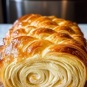 Puede incluir: Primer plano de un pastel trenzado de color marrón dorado. El pastel tiene una superficie brillante y glaseada y una textura en capas y escamosa. El extremo del pastel revela un patrón en espiral. El producto horneado está sobre una superficie de madera.