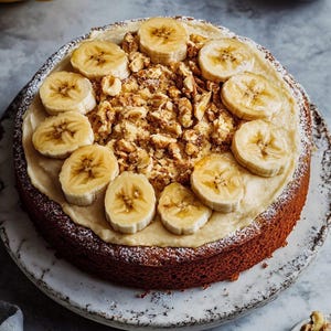 Può includere: Una torta rotonda appena sfornata con una crosta marrone chiaro, ricoperta da una glassa cremosa, fette di banana e noci tritate. La torta è presentata su un piatto di marmo bianco e grigio, spolverato con zucchero a velo.