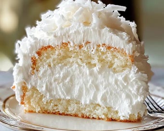 May include: A slice of coconut cake with white frosting and shredded coconut topping, served on a decorative plate. The cake has a light, airy texture and a golden-brown crust. A fork is visible on the right side of the plate.