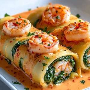 Puede incluir: Primer plano de un plato con tres rollos de pasta rellenos de espinacas y camarones. La pasta está cubierta con una salsa cremosa de color naranja y adornada con perejil fresco. Cada rollo está cubierto con un camarón cocido.