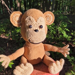 May include: A handmade crochet monkey doll with a light brown body, tan face, ears, hands, and feet. The monkey has black button eyes and a black stitched mouth. The doll is sitting on a red surface, with a green forest background.