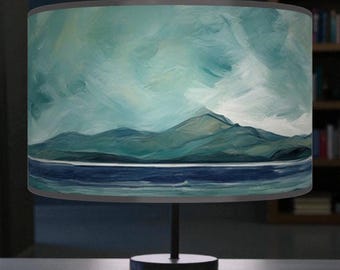 Coastal Seascape Lampshade – Ocean Blue Drum Pendant Light – Handmade Ceiling Shade for Nautical or Beach House Decor