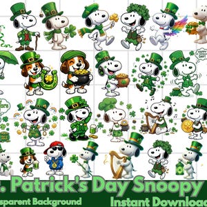 Op de afbeelding: Een digitale illustratie met Snoopy-personages die St. Patrick's Day vieren. Snoopy draagt groene hoeden en outfits, houdt klavers en potten met goud vast. De afbeelding bevat de tekst "St. Patrick's Day Snoopy" en "Instant Download."